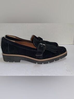 Franco Sarto Black Suede Kiltie Loafers with Buckle
